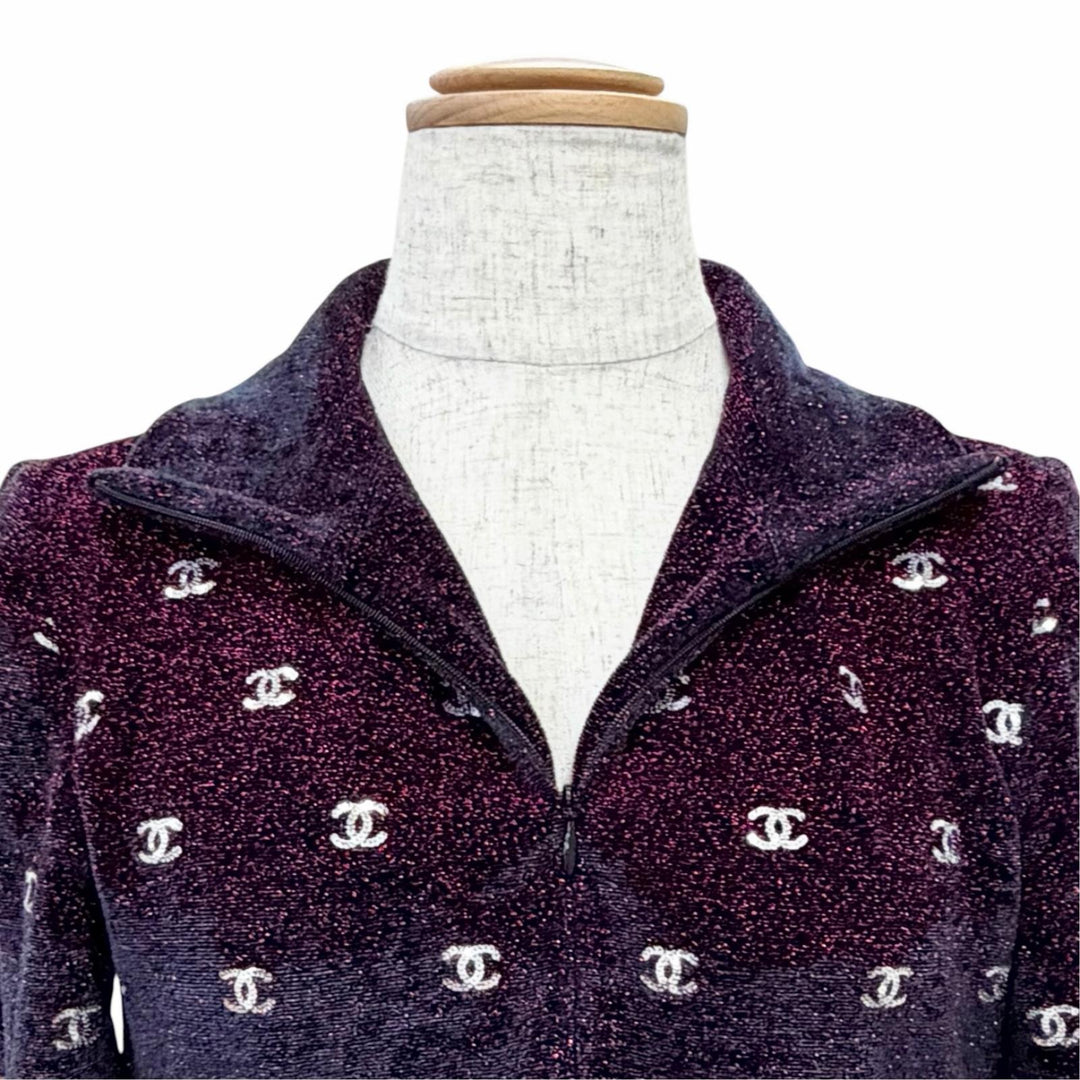 極美品△CHANEL シャネル P64921V60312 ココマークスパンコール ラメ ハーフジップ 半袖ニット ボルドー IT 36 伊製 正規品 レディース