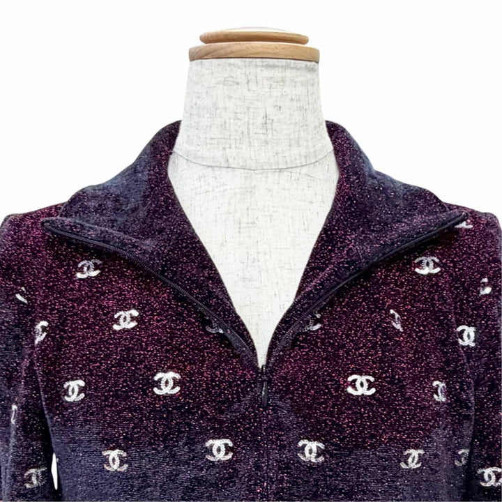 極美品△CHANEL シャネル P64921V60312 ココマークスパンコール ラメ ハーフジップ 半袖ニット ボルドー IT 36 伊製 正規品 レディース
