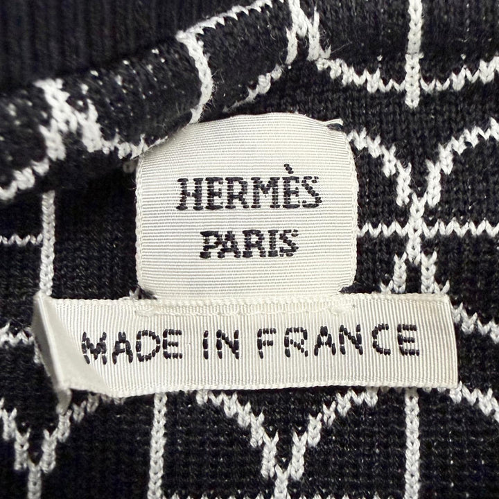 極美品△HERMES エルメス 2E4600DY コットン Hラウンド 総柄 クルーネック 半袖ニット ブラック ホワイト FR 36 フランス製 レディース