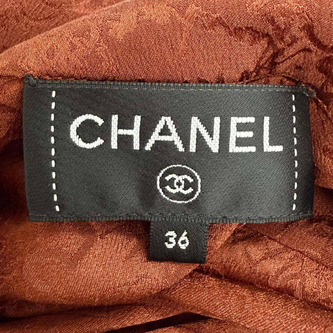 極美品△CHANEL シャネル P77750V69506 シルク100％ ココマーク 総柄 ライオンボタン ボータイ付き ブラウス ブラウン FR 36 仏製 正規品