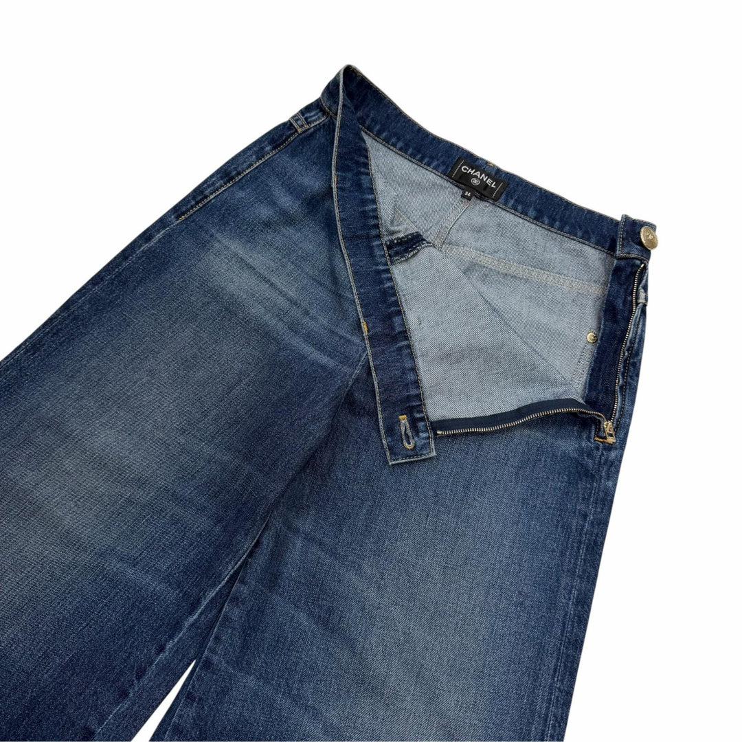 極美品☆CHANEL シャネル P78312V70544 ココマークボタン ワイドパンツ デニムパンツ インディゴ 34 イタリア製 正規品 レディース