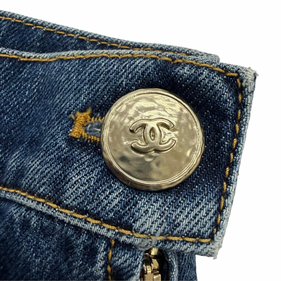 極美品☆CHANEL シャネル P78312V70544 ココマークボタン ワイドパンツ デニムパンツ インディゴ 34 イタリア製 正規品 レディース
