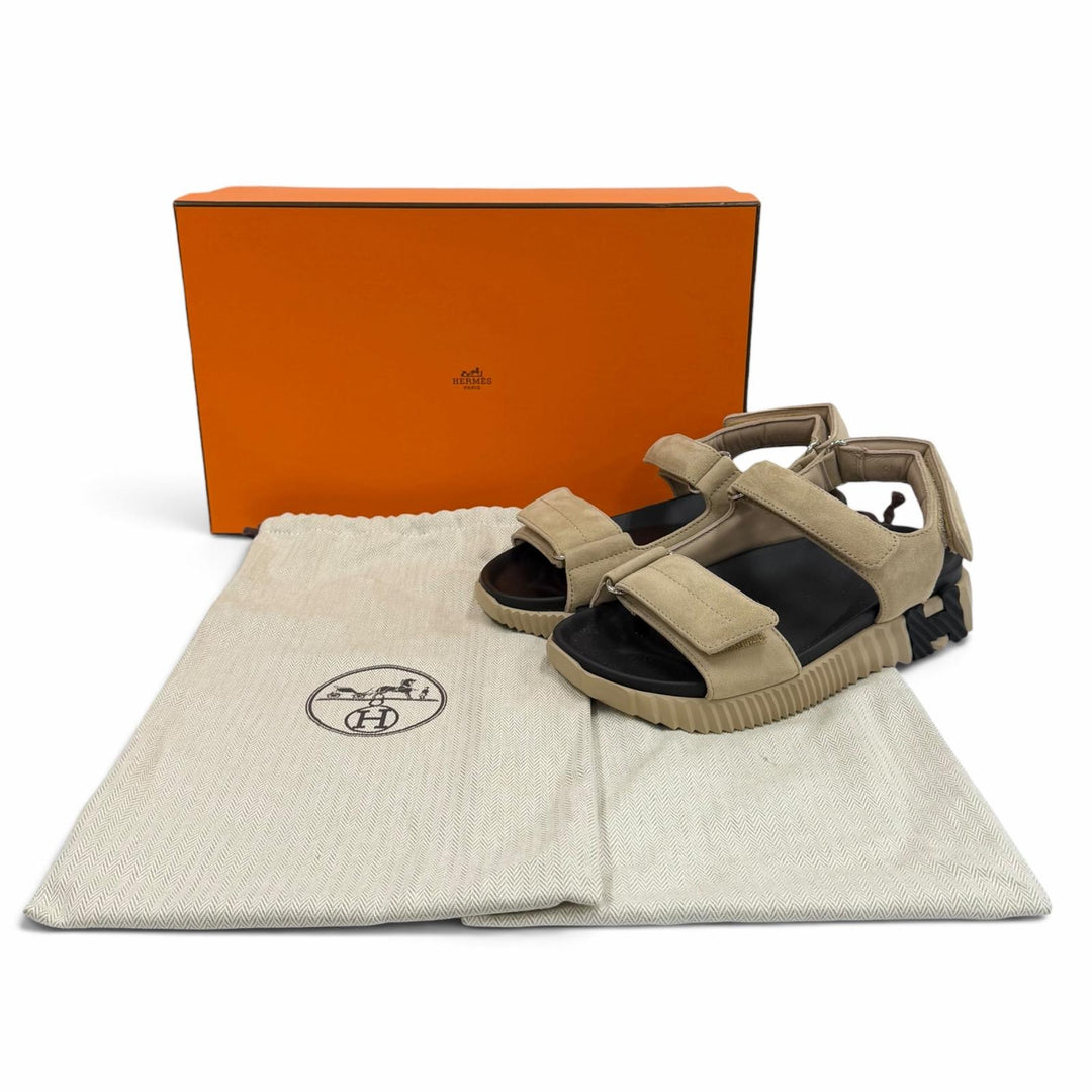 未使用品★HERMES エルメス ジュニア ベルクロ スウェードレザー フラット サンダル ベージュ 36 イタリア製 レディース 箱・保存袋付き