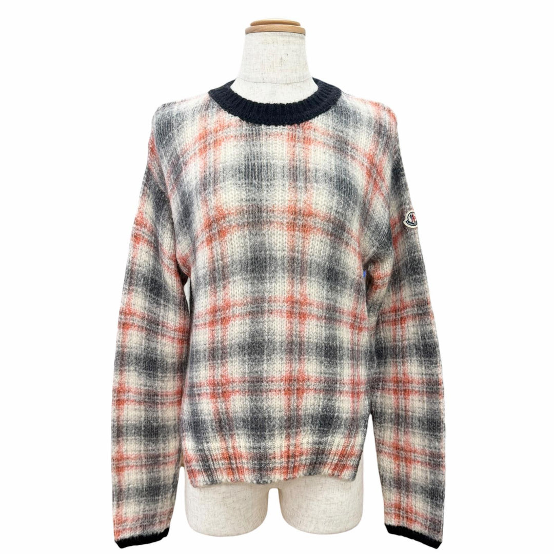 極美品△MONCLER モンクレール 22-23AW H20939C00017 アルパカ ウール チェック柄 ロゴワッペン 長袖 ニット セーター XS 伊製 正規品