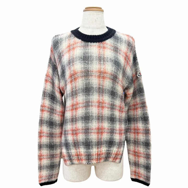 極美品△MONCLER モンクレール 22-23AW H20939C00017 アルパカ ウール チェック柄 ロゴワッペン 長袖 ニット セーター XS 伊製 正規品