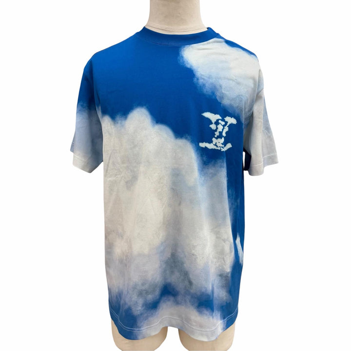 極美品▼LOUIS VUITTON ルイヴィトン コットン クラウドプリント LVロゴ クルーネック ショートスリーブ 半袖Ｔシャツ ブルー M 正規品