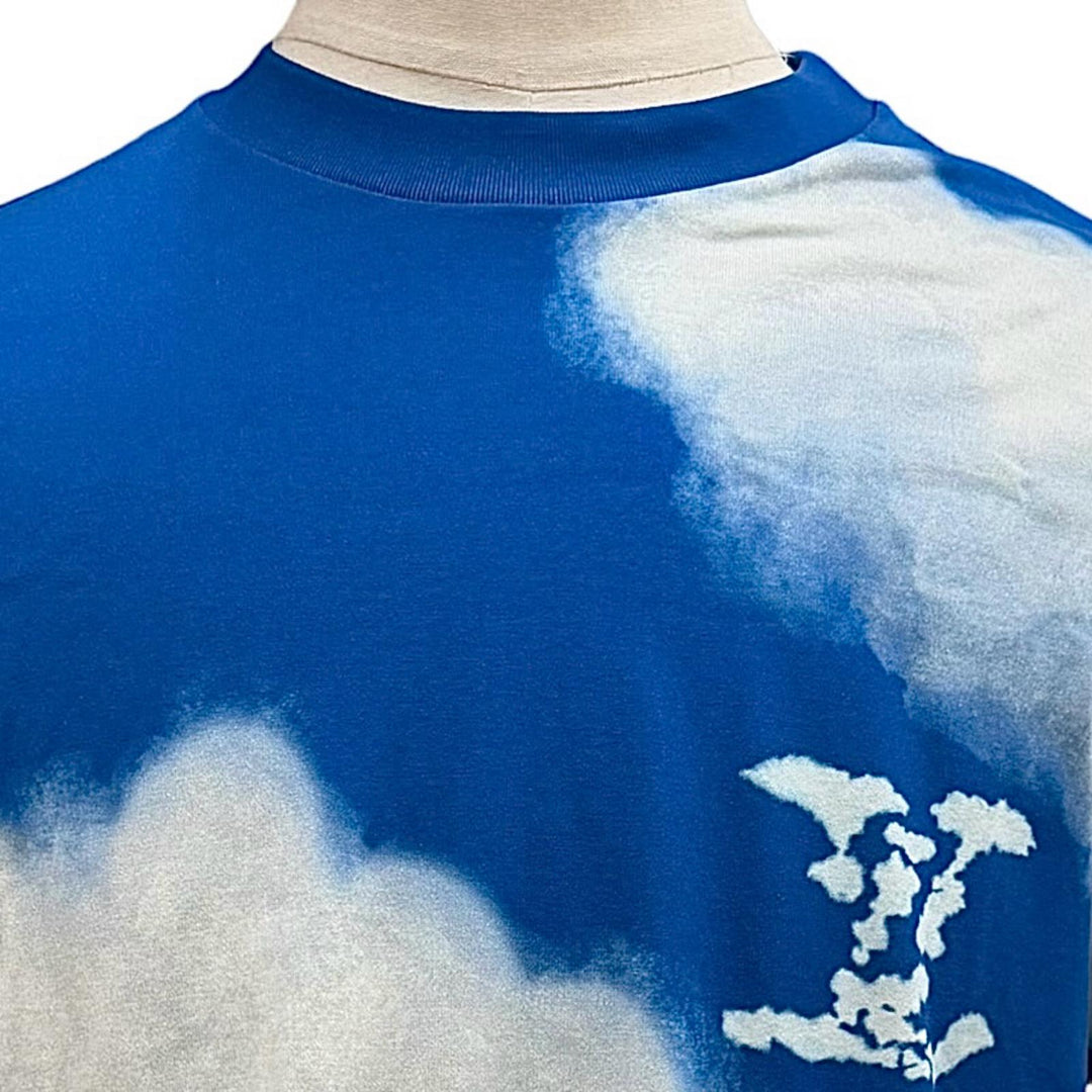 極美品▼LOUIS VUITTON ルイヴィトン コットン クラウドプリント LVロゴ クルーネック ショートスリーブ 半袖Ｔシャツ ブルー M 正規品