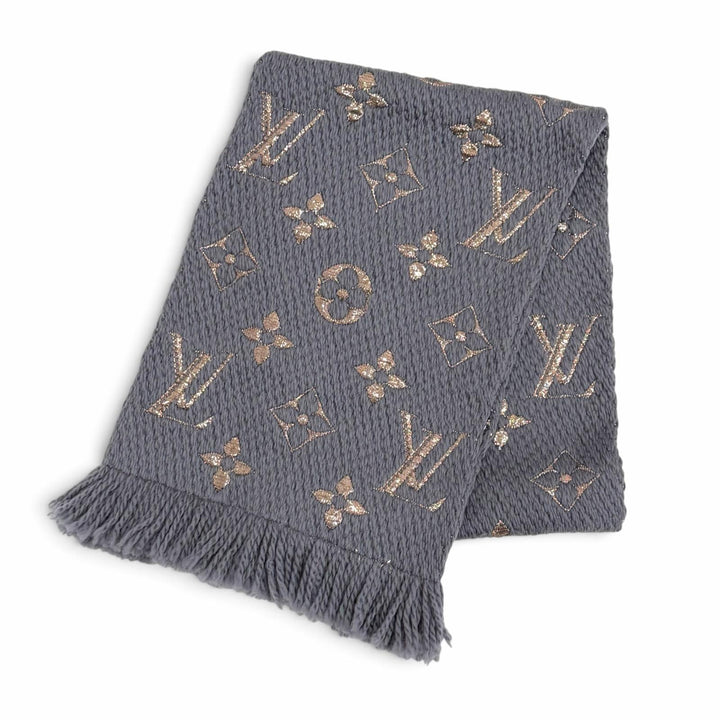 美品△LOUIS VUITTON ルイヴィトン M70467 エシャルプ ロゴマニア シャイン ウール シルク グリ モノグラム マフラー 伊製 正規品 箱付き