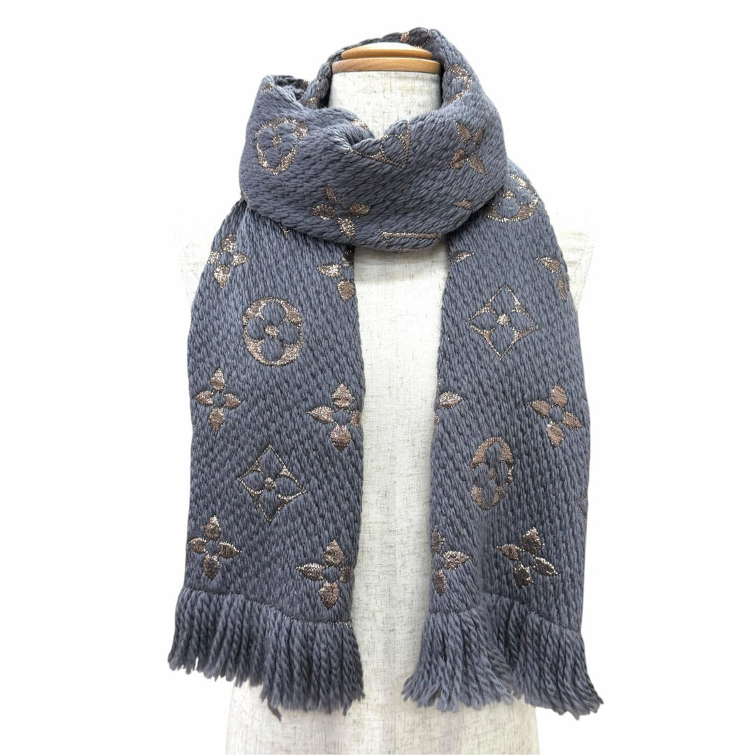 美品△LOUIS VUITTON ルイヴィトン M70467 エシャルプ ロゴマニア シャイン ウール シルク グリ モノグラム マフラー 伊製 正規品 箱付き