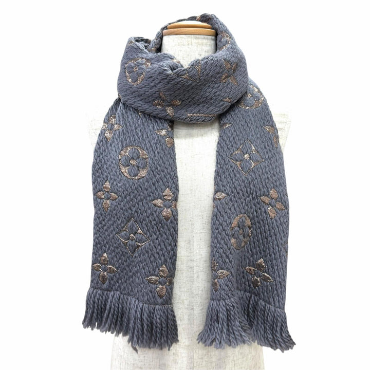 美品△LOUIS VUITTON ルイヴィトン M70467 エシャルプ ロゴマニア シャイン ウール シルク グリ モノグラム マフラー 伊製 正規品 箱付き