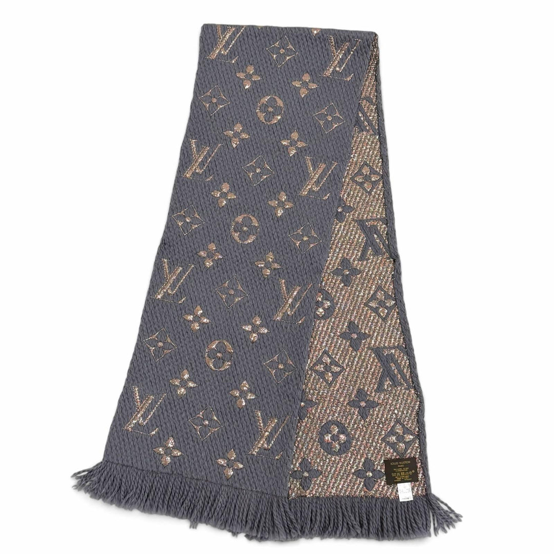 美品△LOUIS VUITTON ルイヴィトン M70467 エシャルプ ロゴマニア シャイン ウール シルク グリ モノグラム マフラー 伊製 正規品 箱付き