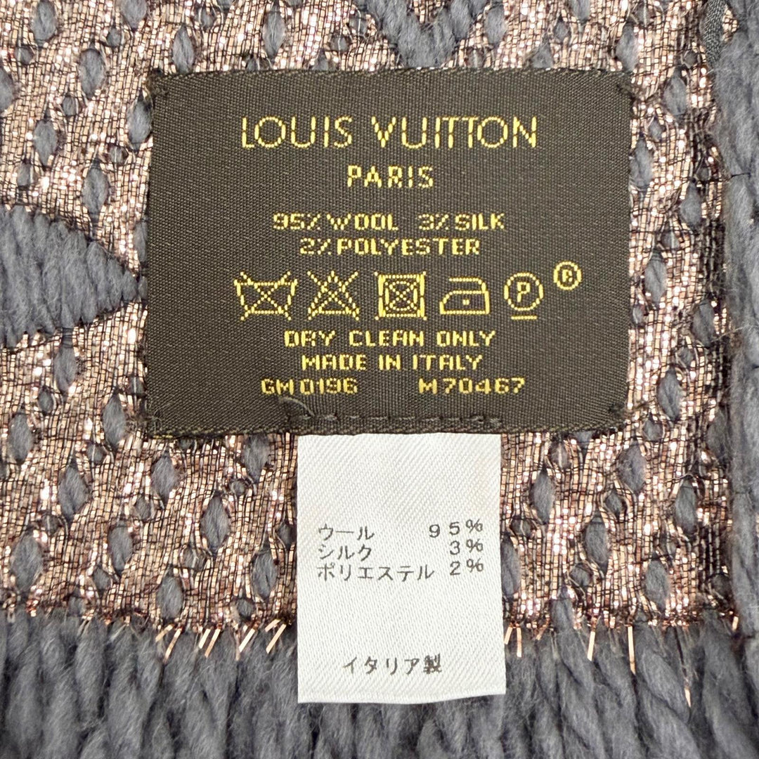美品△LOUIS VUITTON ルイヴィトン M70467 エシャルプ ロゴマニア シャイン ウール シルク グリ モノグラム マフラー 伊製 正規品 箱付き