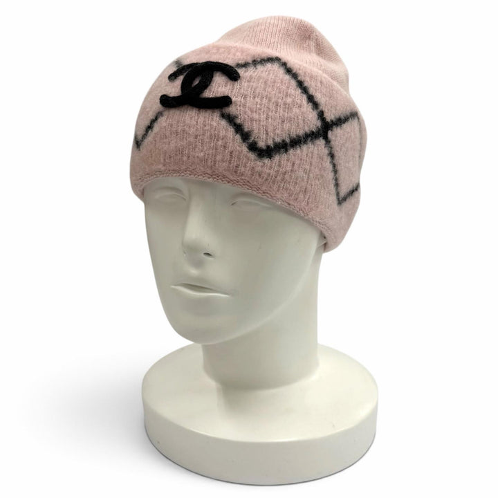 美品★CHANEL シャネル ウール カシミヤ シルク混 ココマーク ニットキャップ ビーニー 帽子 ピンク ブラック 英国製 正規品 レディース