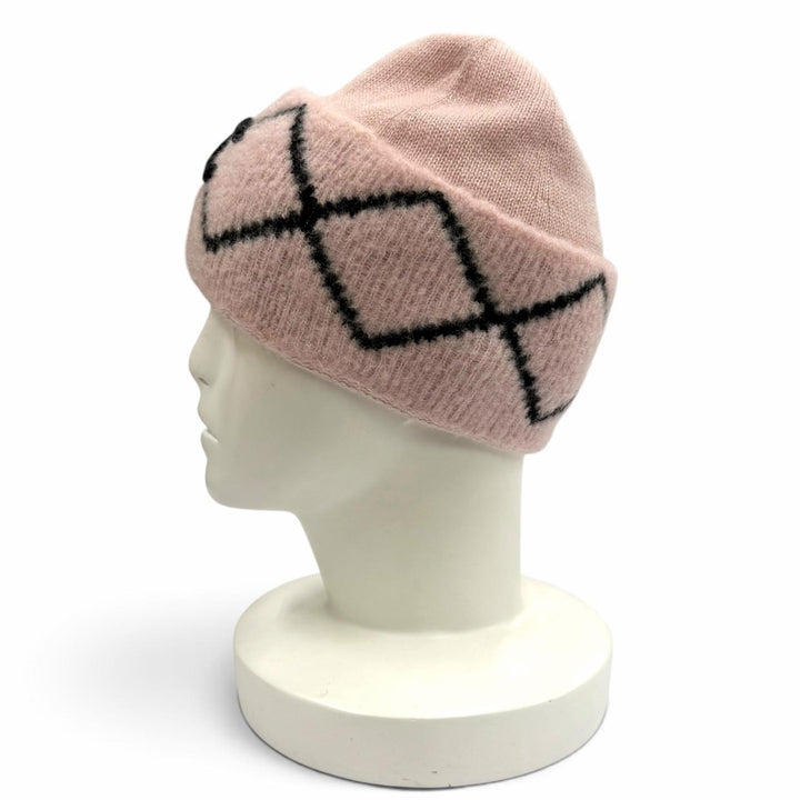 美品★CHANEL シャネル ウール カシミヤ シルク混 ココマーク ニットキャップ ビーニー 帽子 ピンク ブラック 英国製 正規品 レディース