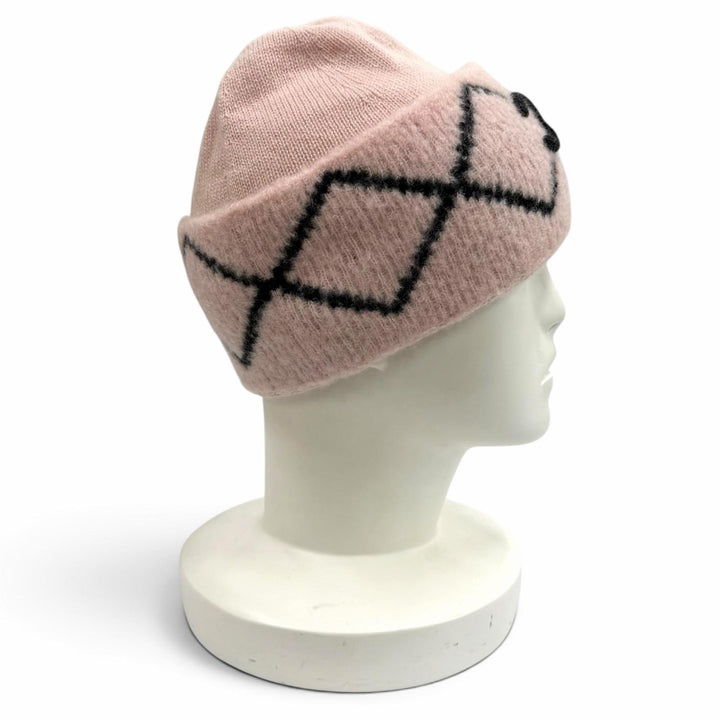 美品★CHANEL シャネル ウール カシミヤ シルク混 ココマーク ニットキャップ ビーニー 帽子 ピンク ブラック 英国製 正規品 レディース