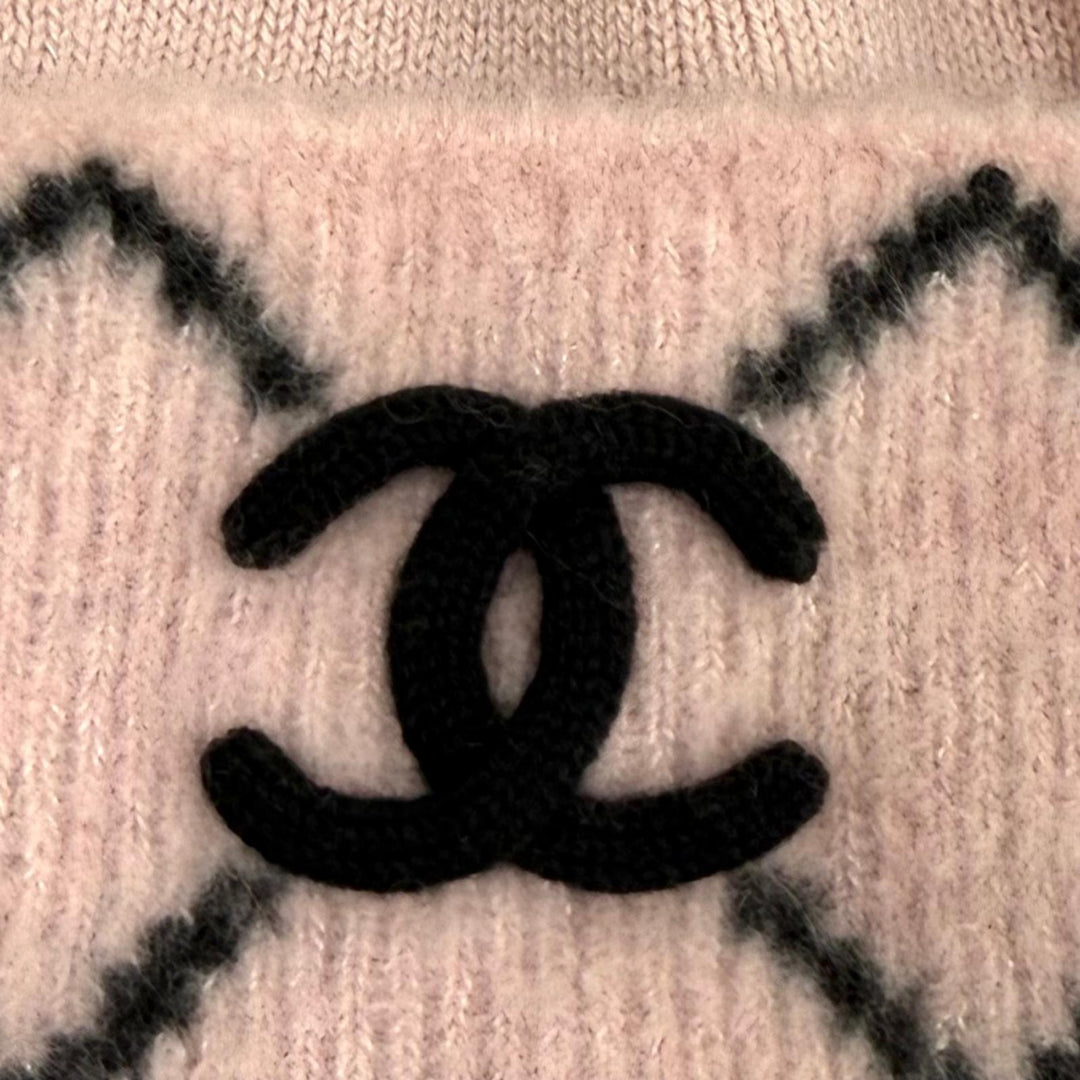 美品★CHANEL シャネル ウール カシミヤ シルク混 ココマーク ニットキャップ ビーニー 帽子 ピンク ブラック 英国製 正規品 レディース