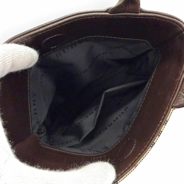 極美品△BURBERRY バーバリー ヴィンテージ ロゴプレート ノバチェック柄 レザー使い ミニトートバッグ ハンドバッグ ベージュ ブラウン