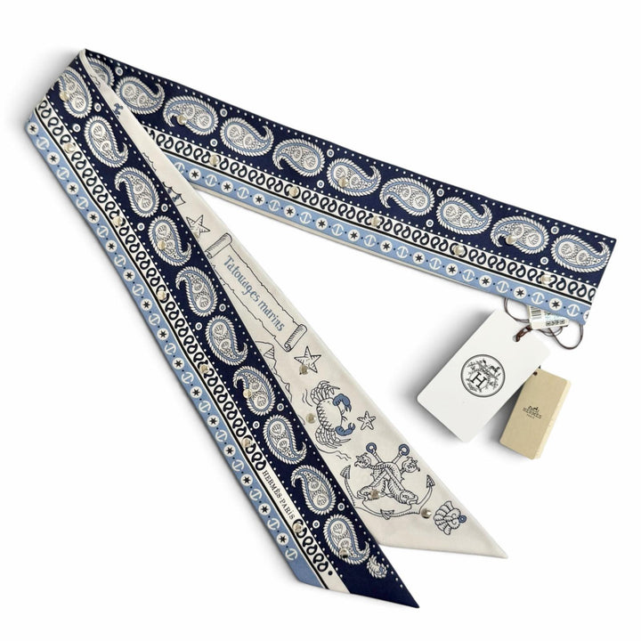 未使用品△HERMES エルメス H853374S リュバン クルーテ 船乗りのタトゥー・バンダナ シルク ブルー・マリン スカーフ 定価163900円 箱付