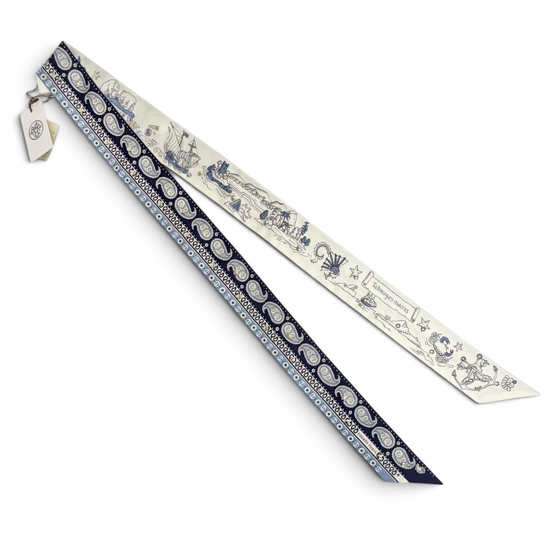 未使用品△HERMES エルメス H853374S リュバン クルーテ 船乗りのタトゥー・バンダナ シルク ブルー・マリン スカーフ 定価163900円 箱付