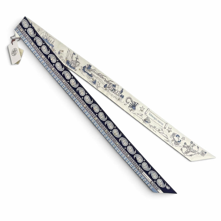 未使用品△HERMES エルメス H853374S リュバン クルーテ 船乗りのタトゥー・バンダナ シルク ブルー・マリン スカーフ 定価163900円 箱付