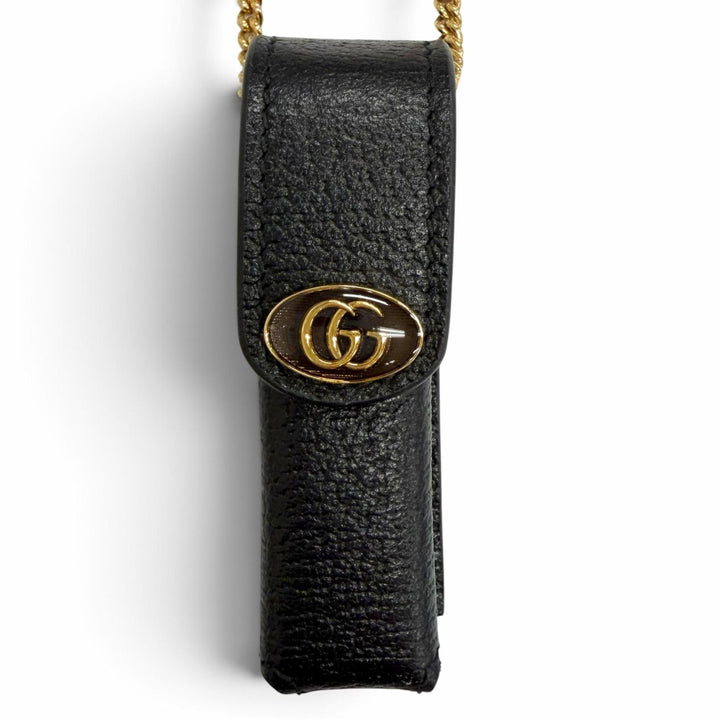 極美品△GUCCI グッチ 615998 GGマーモント チェーンストラップ付き レザー リップケース 小物入れ ブラック ゴールド金具 イタリア製