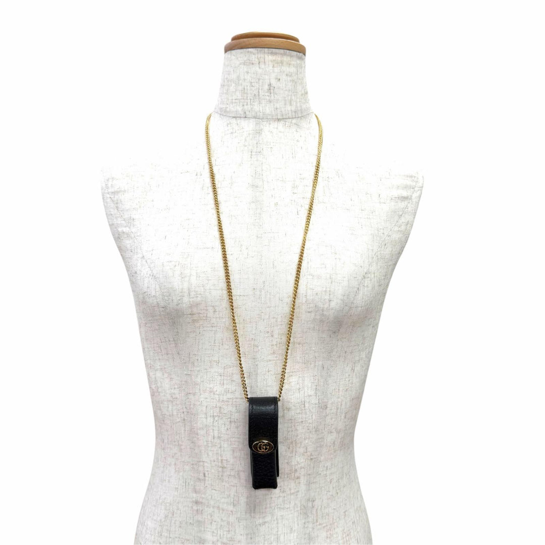 極美品△GUCCI グッチ 615998 GGマーモント チェーンストラップ付き レザー リップケース 小物入れ ブラック ゴールド金具 イタリア製