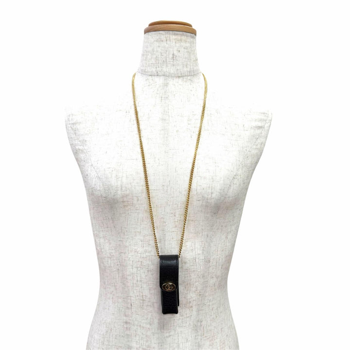 極美品△GUCCI グッチ 615998 GGマーモント チェーンストラップ付き レザー リップケース 小物入れ ブラック ゴールド金具 イタリア製