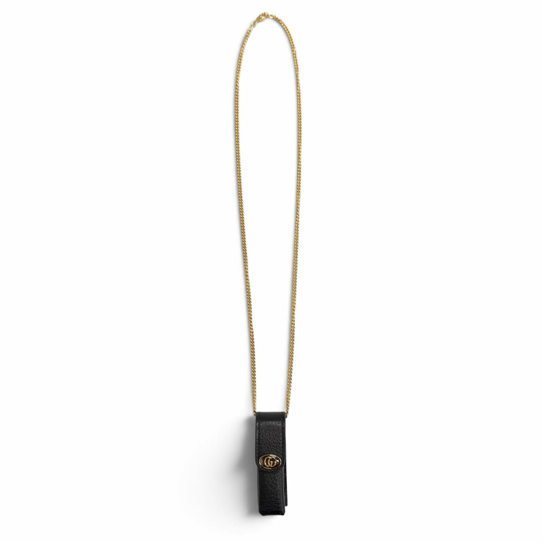 極美品△GUCCI グッチ 615998 GGマーモント チェーンストラップ付き レザー リップケース 小物入れ ブラック ゴールド金具 イタリア製
