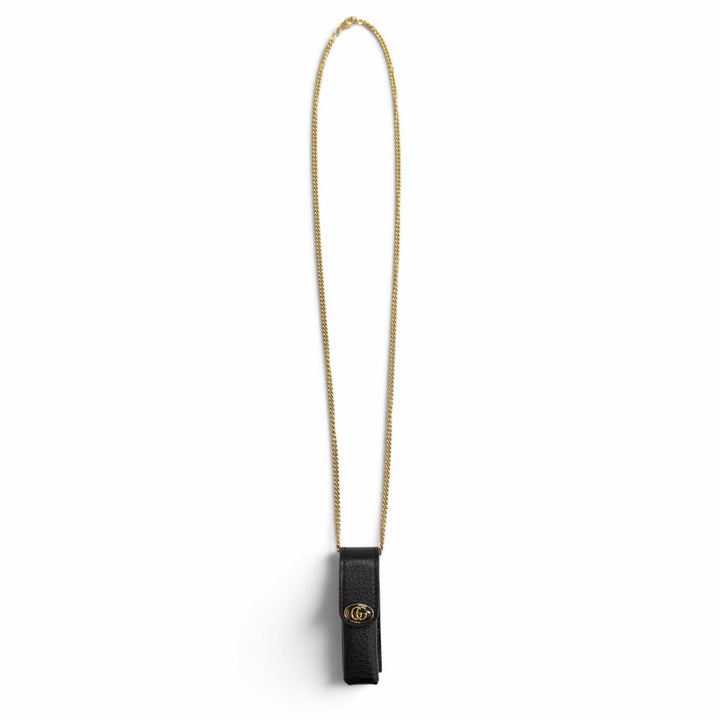 極美品△GUCCI グッチ 615998 GGマーモント チェーンストラップ付き レザー リップケース 小物入れ ブラック ゴールド金具 イタリア製
