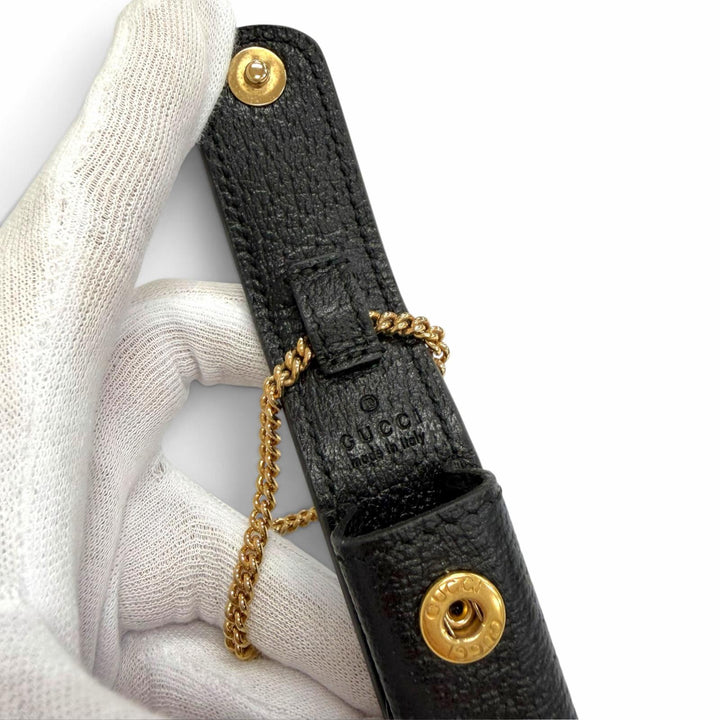 極美品△GUCCI グッチ 615998 GGマーモント チェーンストラップ付き レザー リップケース 小物入れ ブラック ゴールド金具 イタリア製
