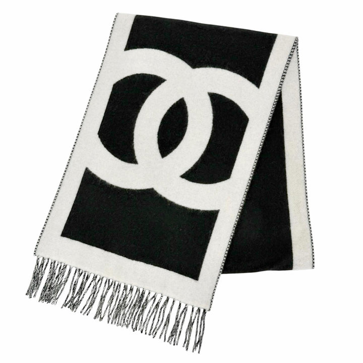美品△CHANEL シャネル カシミヤ100％ ココマーク バイカラー フリンジ ロングマフラー ブラック ホワイト イタリア製 レディース