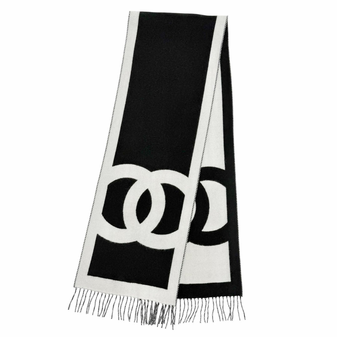 美品△CHANEL シャネル カシミヤ100％ ココマーク バイカラー フリンジ ロングマフラー ブラック ホワイト イタリア製 レディース