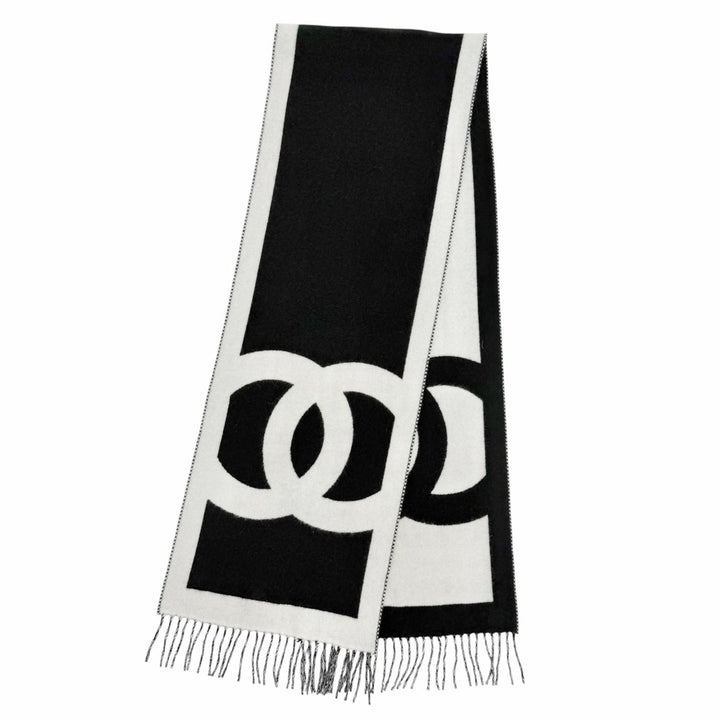 美品△CHANEL シャネル カシミヤ100％ ココマーク バイカラー フリンジ ロングマフラー ブラック ホワイト イタリア製 レディース