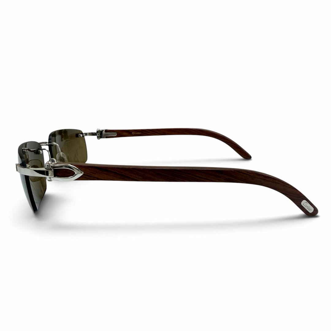 美品☆Cartier カルティエ 135b リムレス ツーポイント ウッドテンプル サングラス ブラウン シルバー金具 □18 フランス製 メンズ