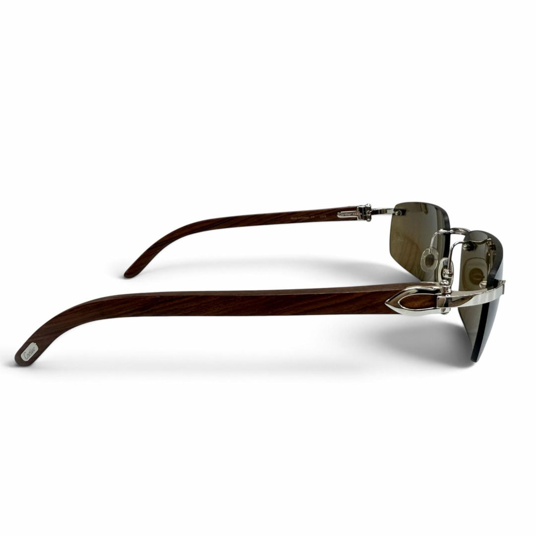 美品☆Cartier カルティエ 135b リムレス ツーポイント ウッドテンプル サングラス ブラウン シルバー金具 □18 フランス製 メンズ