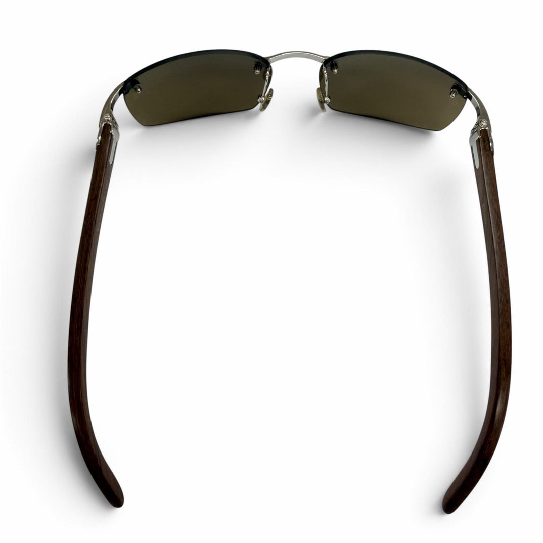 美品☆Cartier カルティエ 135b リムレス ツーポイント ウッドテンプル サングラス ブラウン シルバー金具 □18 フランス製 メンズ