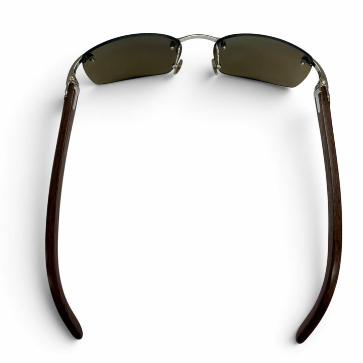 美品☆Cartier カルティエ 135b リムレス ツーポイント ウッドテンプル サングラス ブラウン シルバー金具 □18 フランス製 メンズ