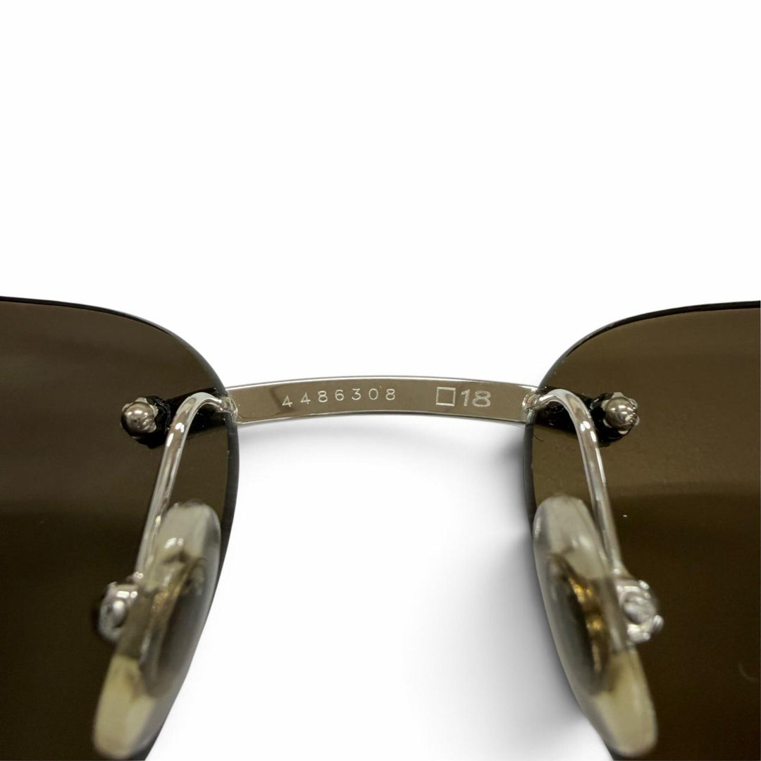 美品☆Cartier カルティエ 135b リムレス ツーポイント ウッドテンプル サングラス ブラウン シルバー金具 □18 フランス製 メンズ