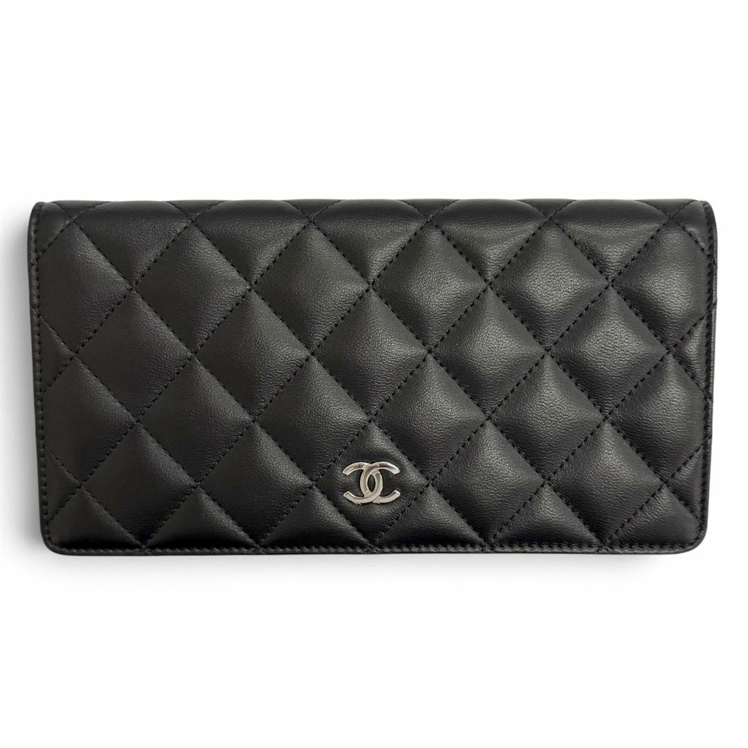 美品△CHANEL シャネル A31509 ラムスキン ココマーク マトラッセ タイムレスクラシック ロング フラップ ウォレット 長財布 ブラック