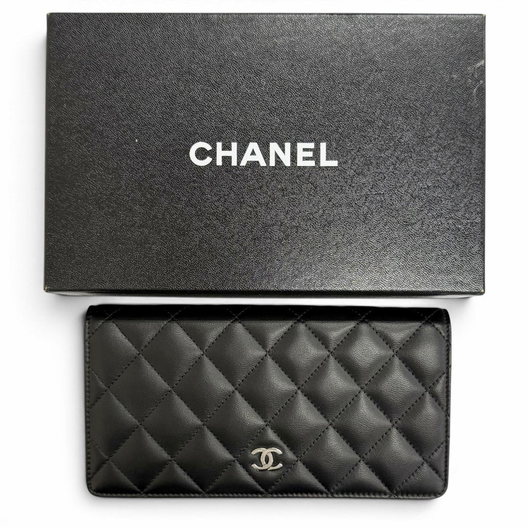 美品△CHANEL シャネル A31509 ラムスキン ココマーク マトラッセ タイムレスクラシック ロング フラップ ウォレット 長財布 ブラック
