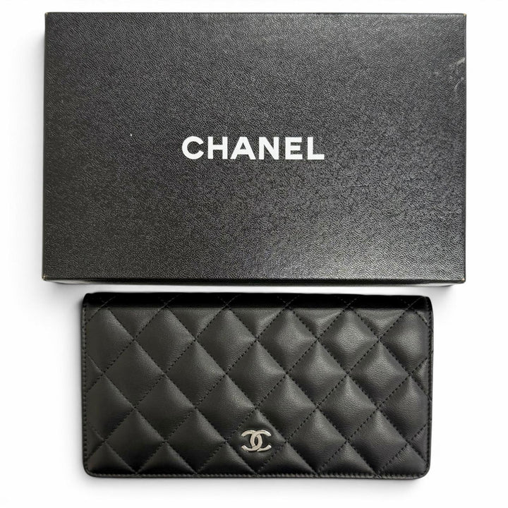 美品△CHANEL シャネル A31509 ラムスキン ココマーク マトラッセ タイムレスクラシック ロング フラップ ウォレット 長財布 ブラック