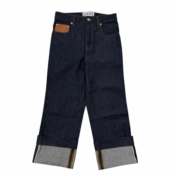 極美品☆LOEWE ロエベ S359Y11X68 FISHERMAN TURN-UP JEANS アナグラムレザーパッチ デニムパンツ インディゴ 34 伊製 正規品 レディース