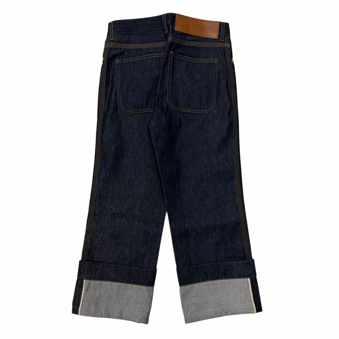 極美品☆LOEWE ロエベ S359Y11X68 FISHERMAN TURN-UP JEANS アナグラムレザーパッチ デニムパンツ インディゴ 34 伊製 正規品 レディース