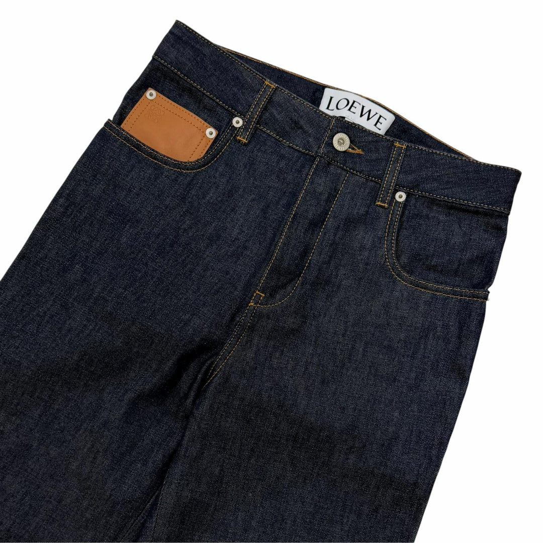 極美品☆LOEWE ロエベ S359Y11X68 FISHERMAN TURN-UP JEANS アナグラムレザーパッチ デニムパンツ インディゴ 34 伊製 正規品 レディース
