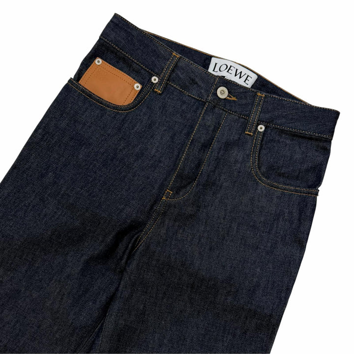 極美品☆LOEWE ロエベ S359Y11X68 FISHERMAN TURN-UP JEANS アナグラムレザーパッチ デニムパンツ インディゴ 34 伊製 正規品 レディース