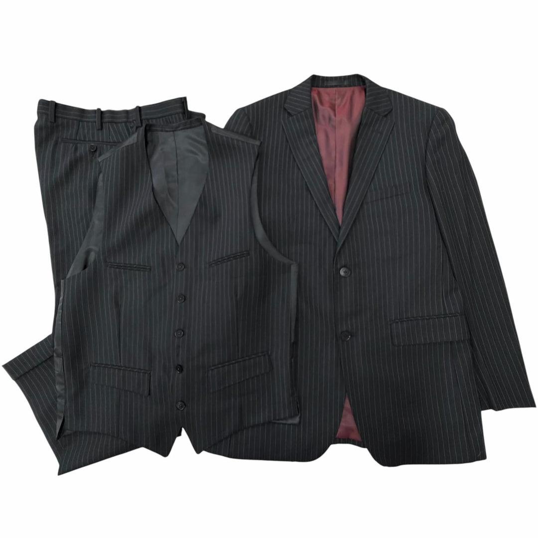 極美品▼BURBERRY BLACK LABEL バーバリーブラックレーベル ウール100% ストライプ柄 3ピース スーツ ブラック L 日本製 正規品 メンズ