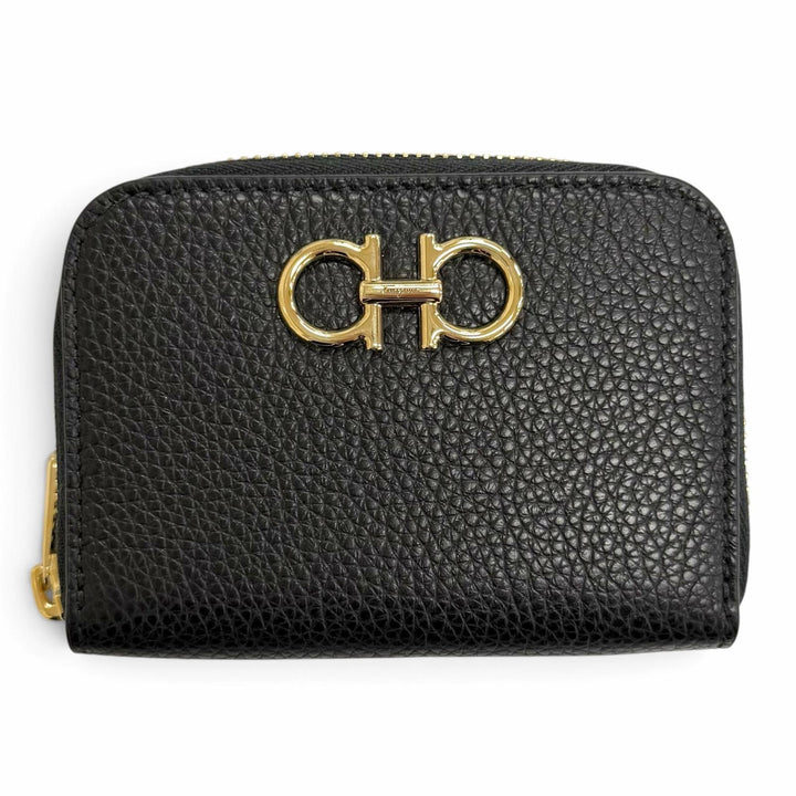 未使用△FERRAGAMO フェラガモ 220406 ガンチーニ ラウンドファスナー レザー コインケース コンパクトウォレット 小銭入 ブラック 箱付