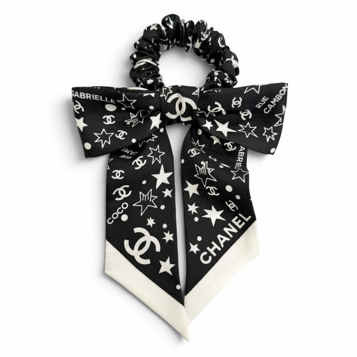 極美品△CHANEL シャネル AAA746 シルク100％ ココマーク ロゴ スター リボン シュシュ ヘアアクセサリー ブラック ホワイト 伊製 箱付き