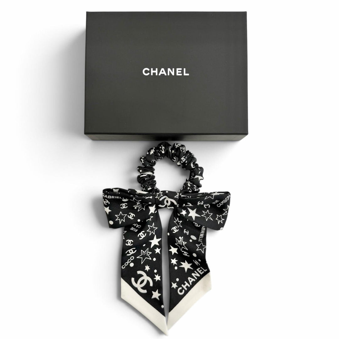 極美品△CHANEL シャネル AAA746 シルク100％ ココマーク ロゴ スター リボン シュシュ ヘアアクセサリー ブラック ホワイト 伊製 箱付き