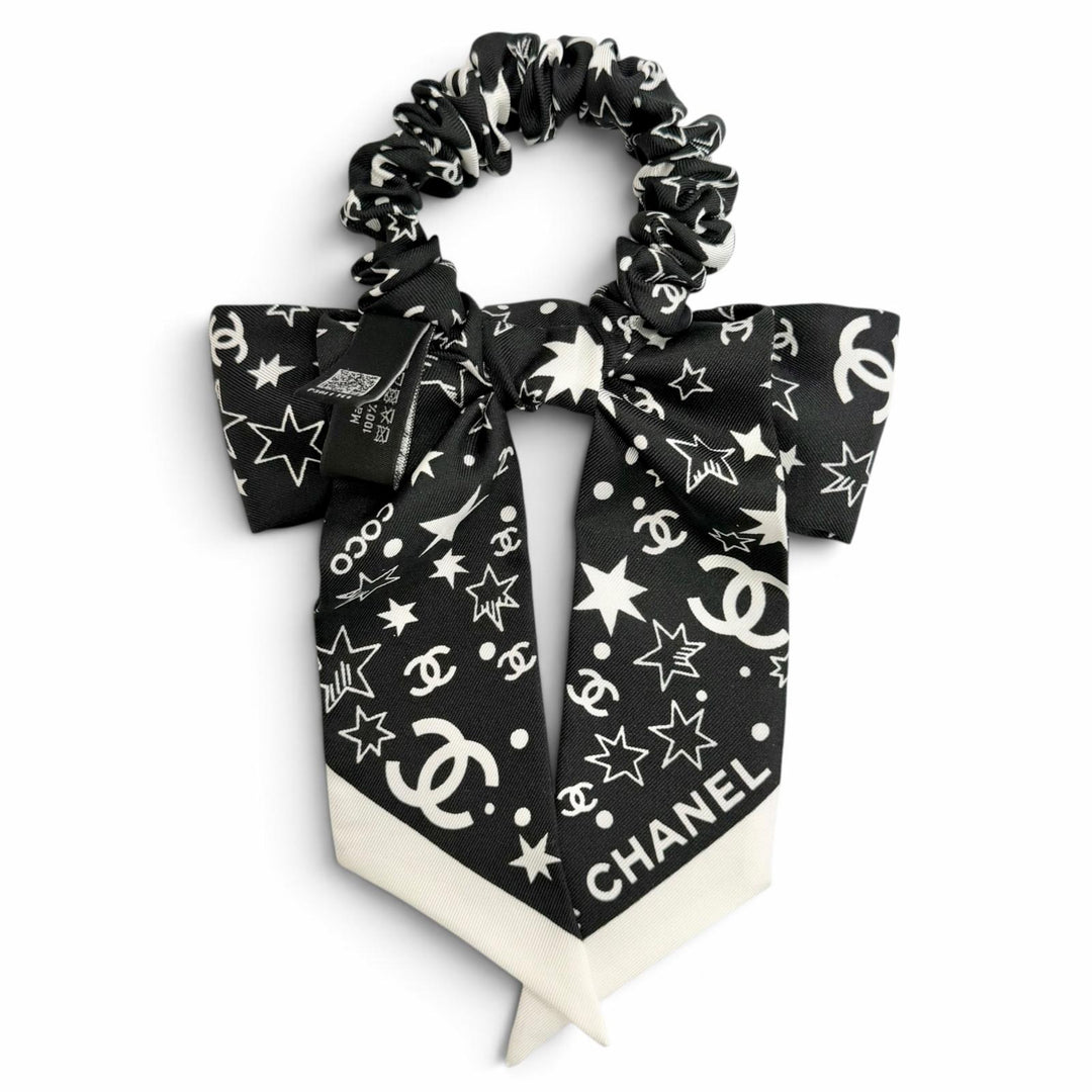 極美品△CHANEL シャネル AAA746 シルク100％ ココマーク ロゴ スター リボン シュシュ ヘアアクセサリー ブラック ホワイト 伊製 箱付き